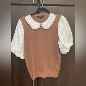 Vintage puff sleeve white and brown sweater with a cute peter pan collar!Size M